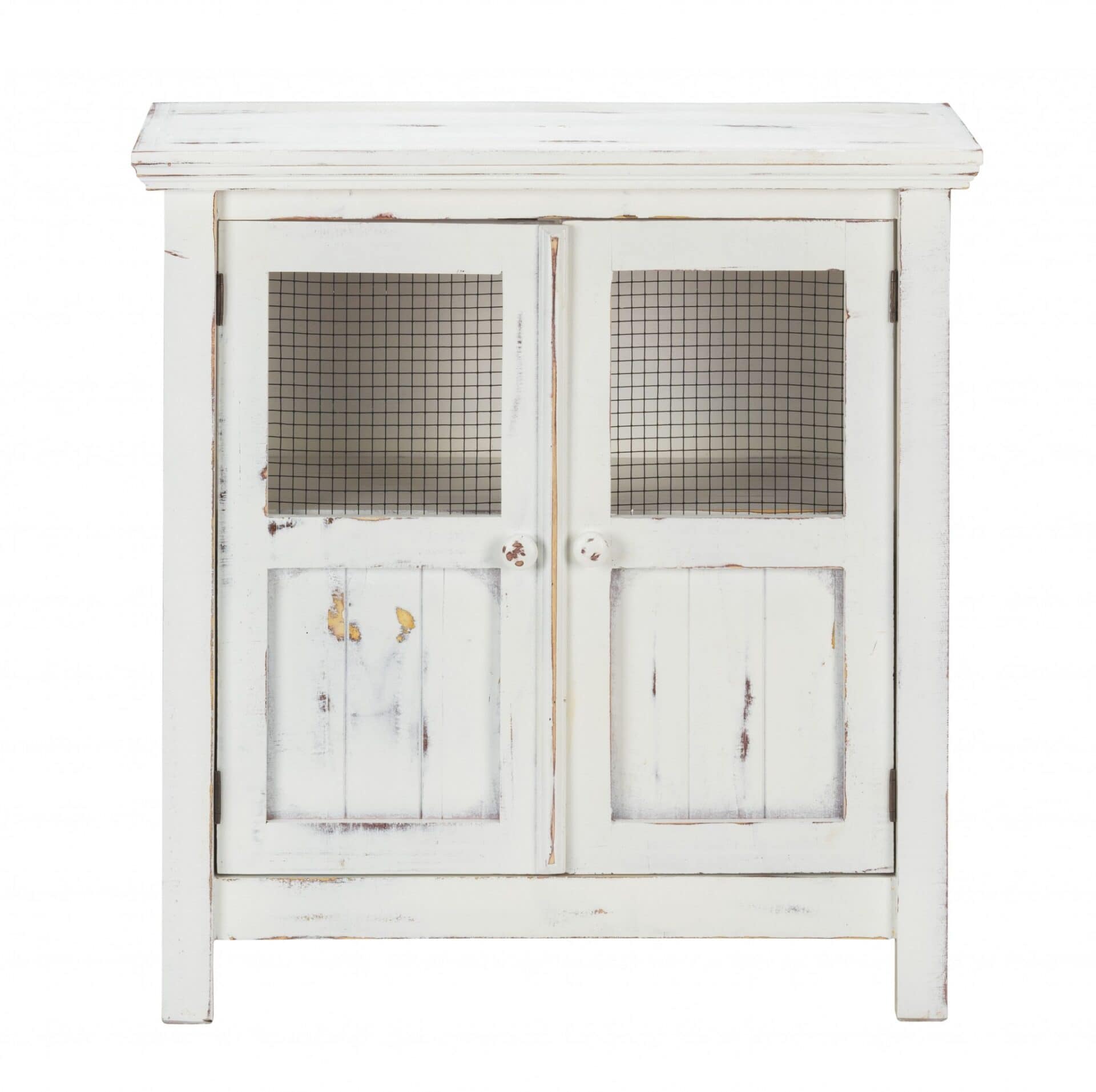Rustic White Wood and Wire Farmhouse Two Door Accent Cabinet 4 Rustic White Wood and Wire Farmhouse Two Door Accent Cabinet - Image 4