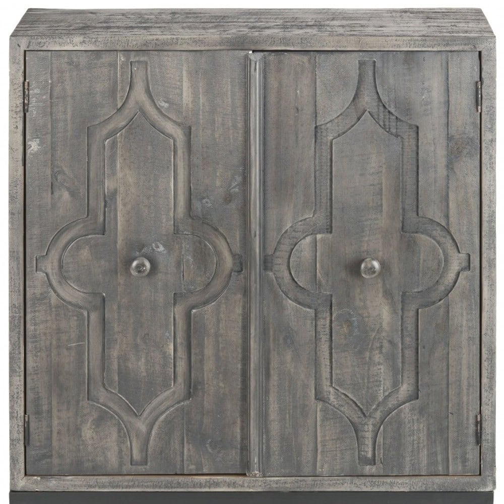 Rustic Gray Wash Scrollwork Wood Two Door Accent Cabinet 5 Rustic Gray Wash Scrollwork Wood Two Door Accent Cabinet - Image 5