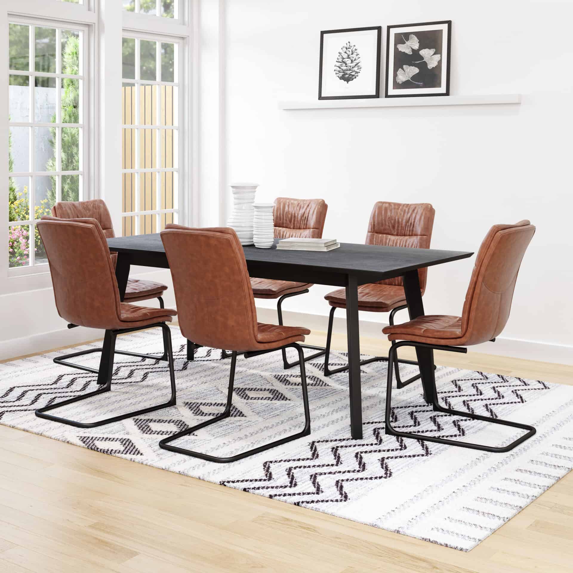 Vintage Brown Faux Leather Dining Chair with Steel Frame (Set of 2) 2 Vintage Brown Faux Leather Dining Chair with Steel Frame (Set of 2) - Image 2