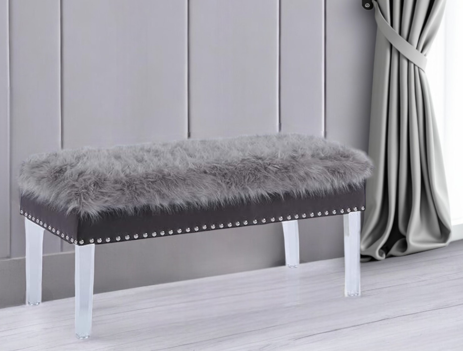 42" Gray Faux Fur Flip Top Storage Bench with Acrylic Frame 1 42" Gray Faux Fur Flip Top Storage Bench with Acrylic Frame