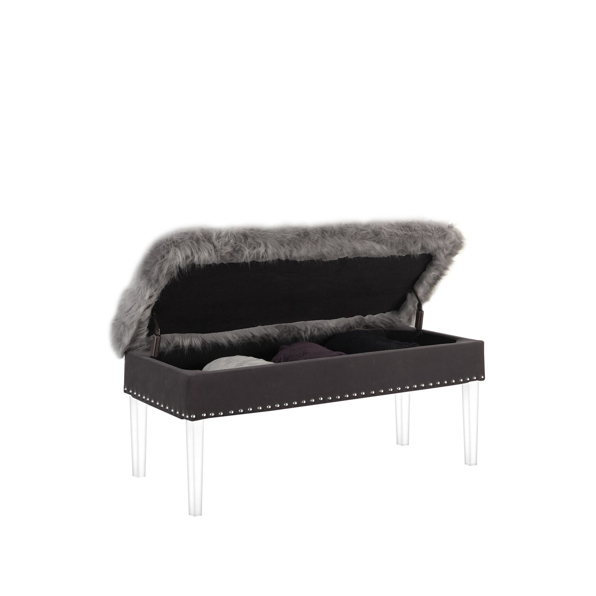 42" Gray Faux Fur Flip Top Storage Bench with Acrylic Frame 3 42" Gray Faux Fur Flip Top Storage Bench with Acrylic Frame - Image 3