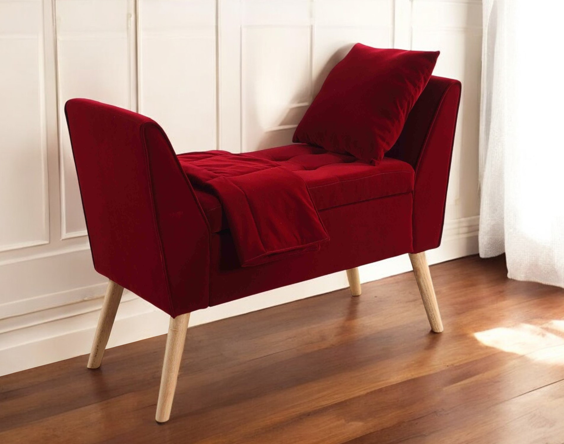 19" Red and Brown Upholstered Flip-Top Benches, Set of 3 1 19" Red and Brown Upholstered Flip-Top Benches, Set of 3