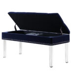 42" Contemporary Navy Blue Velvet Storage Bench with Acrylic Legs