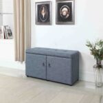 Blue Gray Linen Double Door Shoe Storage Bench