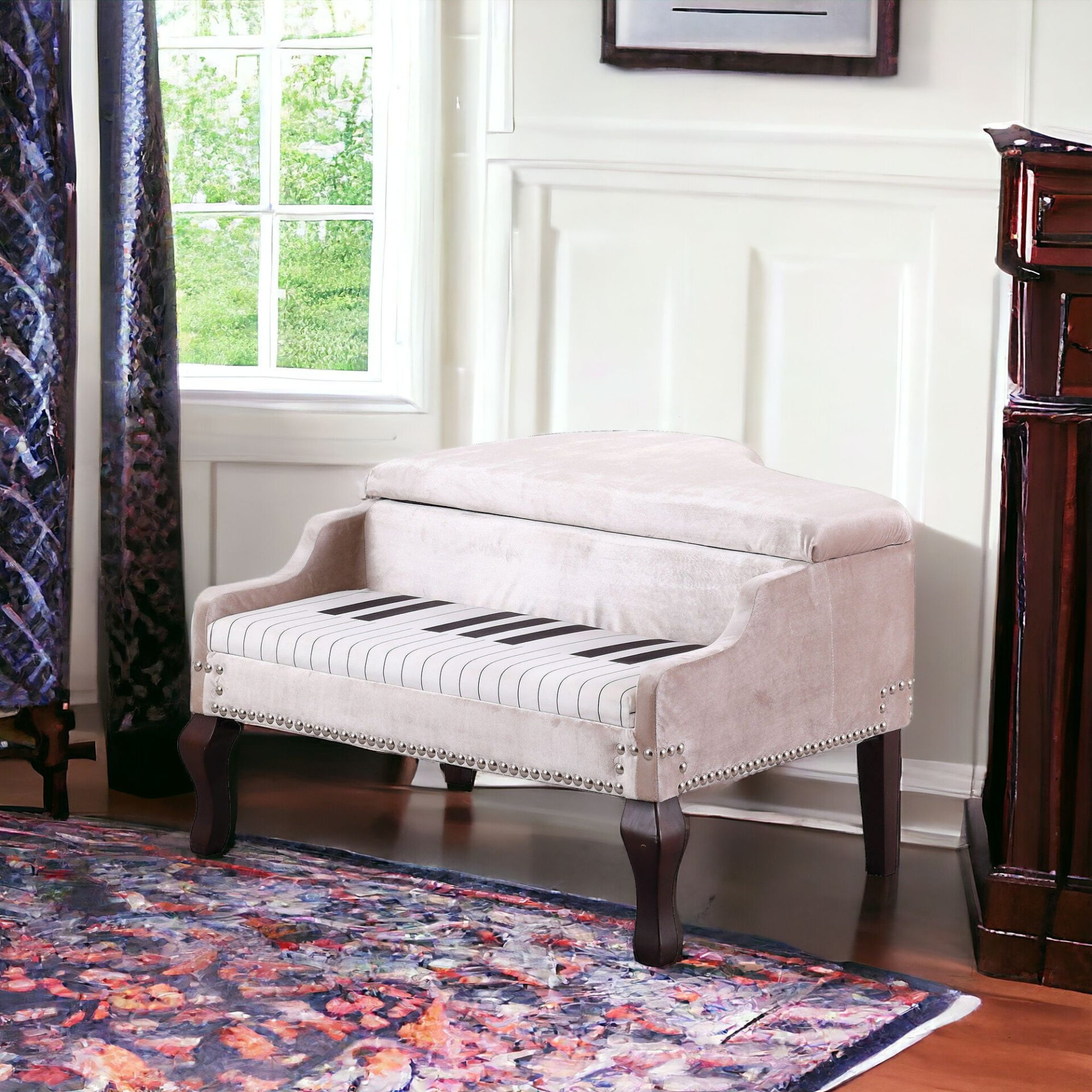 Silver Velour Baby Grand Piano Storage Bench with Nailhead Trim 2 Silver Velour Baby Grand Piano Storage Bench with Nailhead Trim - Image 2