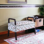17" Dark Brown and Blue Floral Upholstered Entryway Bench With Storage 10 17" Dark Brown and Blue Floral Upholstered Entryway Bench With Storage