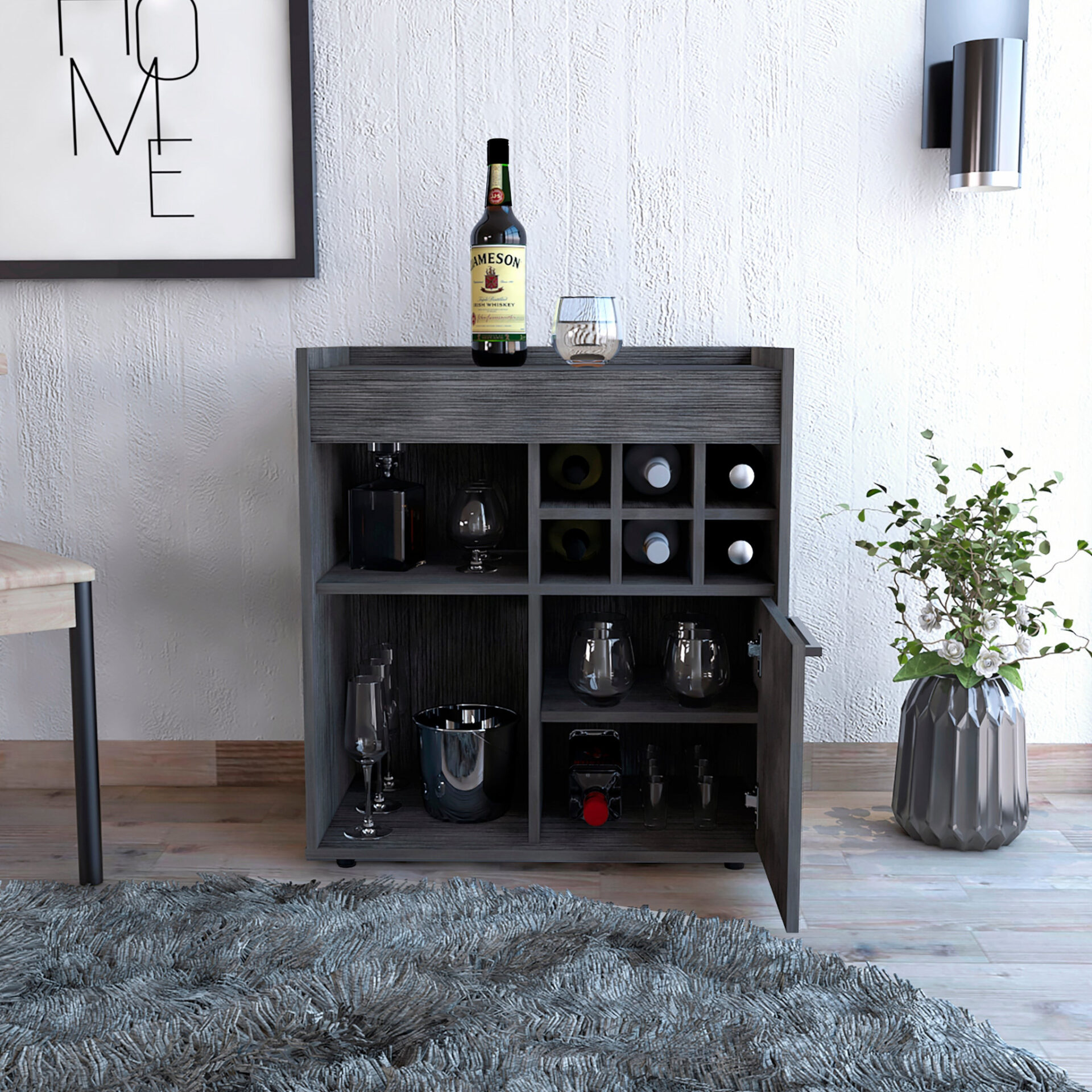 Smokey Oak Modern Bar Cabinet with Door and Cubbies 5 Smokey Oak Modern Bar Cabinet with Door and Cubbies - Image 5