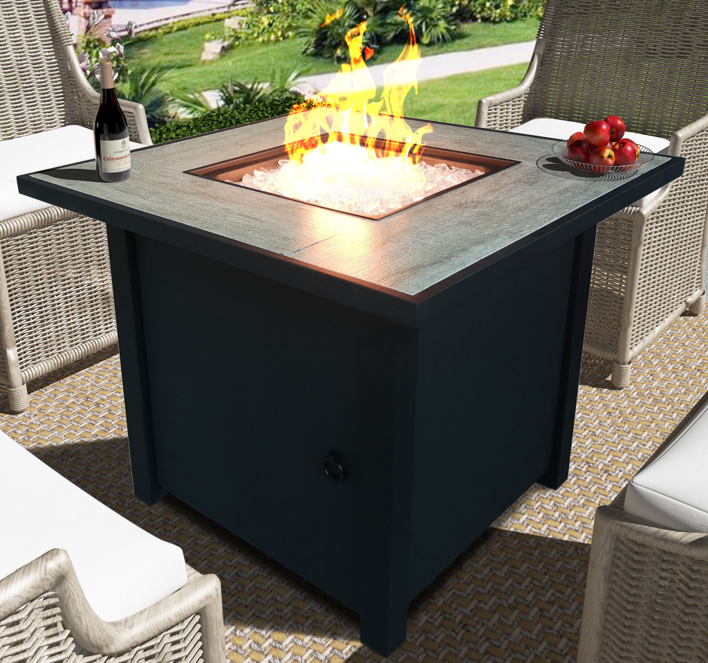 Black Metal and Tile Fire Pit with Glass Rocks 6 Black Metal and Tile Fire Pit with Glass Rocks - Image 6