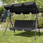 65" Black Metal Swing Chair with Canopy and Cushions