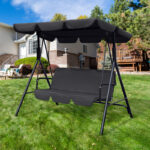 65" Black Metal Swing Chair with Canopy and Cushions
