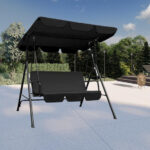 65" Black Metal Swing Chair with Canopy and Cushions