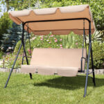 65" Beige Steel Outdoor Swing Chair with Cushion & Canopy