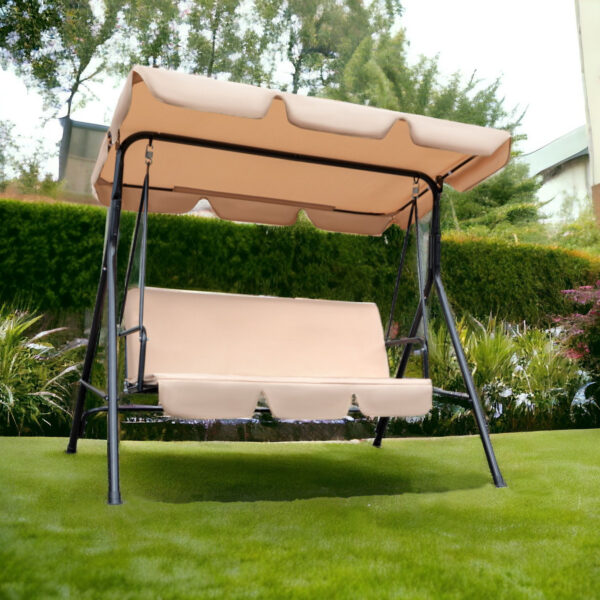 65" Beige Steel Outdoor Swing Chair with Cushion & Canopy