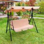 65" Beige Steel Outdoor Swing Chair with Cushion & Canopy