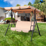 65" Beige Steel Outdoor Swing Chair with Cushion & Canopy