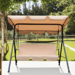 65" Beige Steel Outdoor Swing Chair with Cushion & Canopy