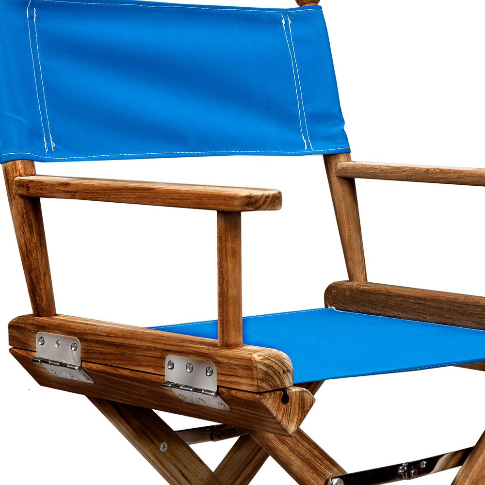 23" Blue and Natural Wood Teak Folding Director Chair 4 23" Blue and Natural Wood Teak Folding Director Chair - Image 4