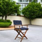 23" Navy Blue and Brown Teak Indoor Outdoor Director Chair