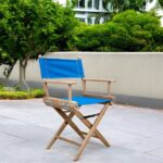 Blue And Brown Teak Folding Director Chair with Sunbrella Cushion