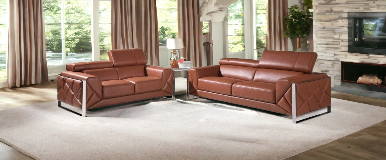 Camel Italian Leather Sofa and Loveseat Set, Seats 5 2 Camel Italian Leather Sofa and Loveseat Set, Seats 5 - Image 2