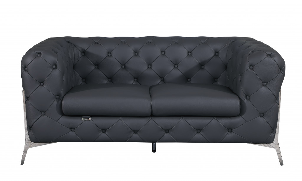 Dark Gray Italian Leather Seating Set, Six Person, Three Piece 4 Dark Gray Italian Leather Seating Set, Six Person, Three Piece - Image 4