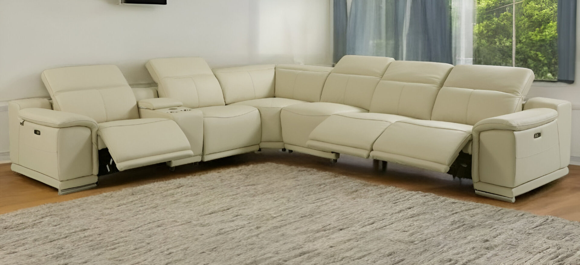 138 Inch Beige Italian Leather Power Reclining U Shaped Sectional (7 Piece) 2 138 Inch Beige Italian Leather Power Reclining U Shaped Sectional (7 Piece) - Image 2