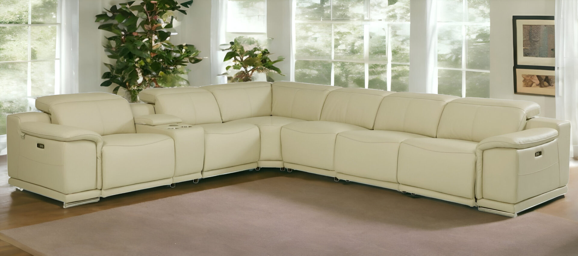 138" Beige Italian Leather Power Reclining U Shaped Sectional (7-Piece) 2 138" Beige Italian Leather Power Reclining U Shaped Sectional (7-Piece) - Image 2