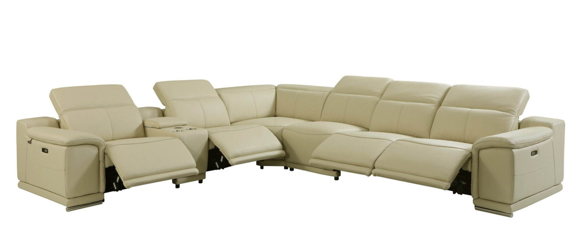 138" Beige Italian Leather Power Reclining U Shaped Sectional (7-Piece) 6 138" Beige Italian Leather Power Reclining U Shaped Sectional (7-Piece) - Image 6