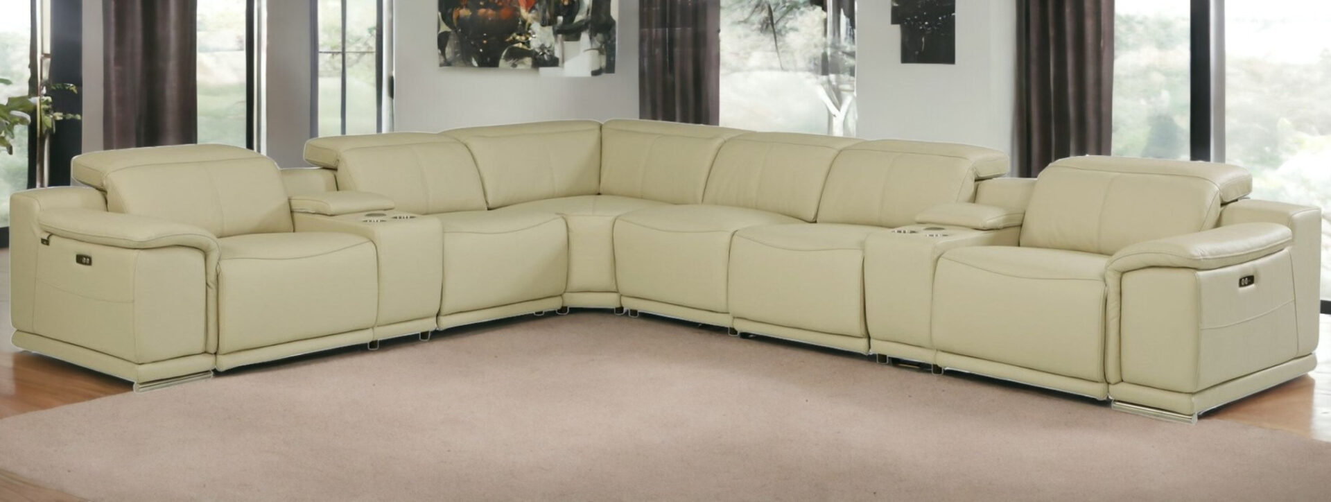 123" Beige Italian Leather U Shaped Power Reclining Sectional 2 123" Beige Italian Leather U Shaped Power Reclining Sectional - Image 2