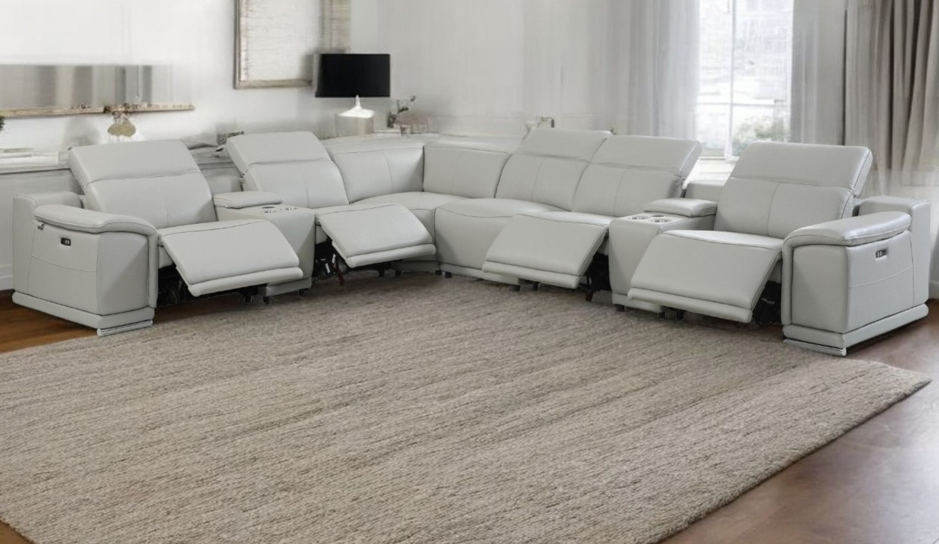 Light Gray Italian Leather Power Reclining U-Shaped Sectional with Console 2 Light Gray Italian Leather Power Reclining U-Shaped Sectional with Console - Image 2