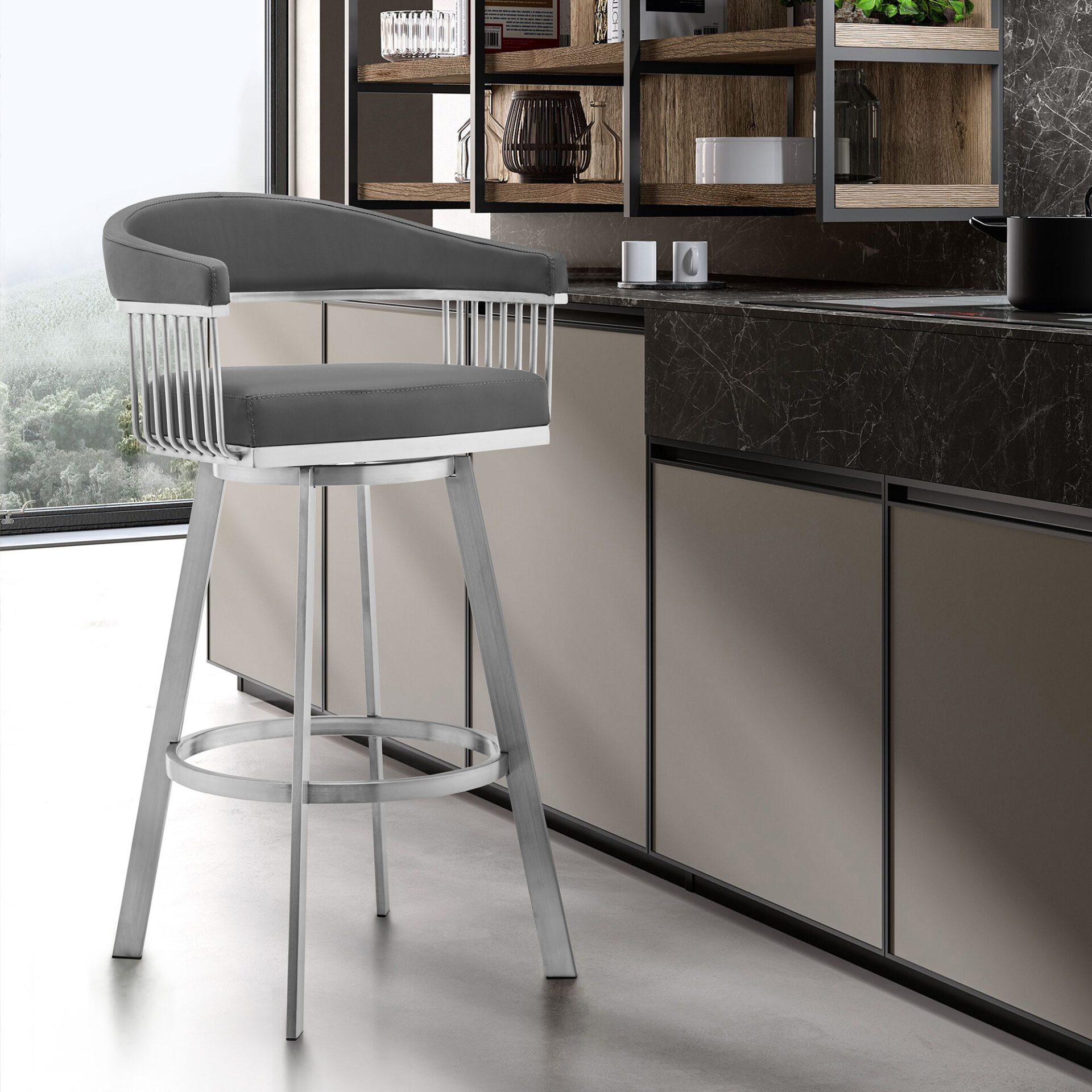 29 Inch Gray and Silver Swivel Backless Bar Stool With Footrest 9 29 Inch Gray and Silver Swivel Backless Bar Stool With Footrest - Image 9