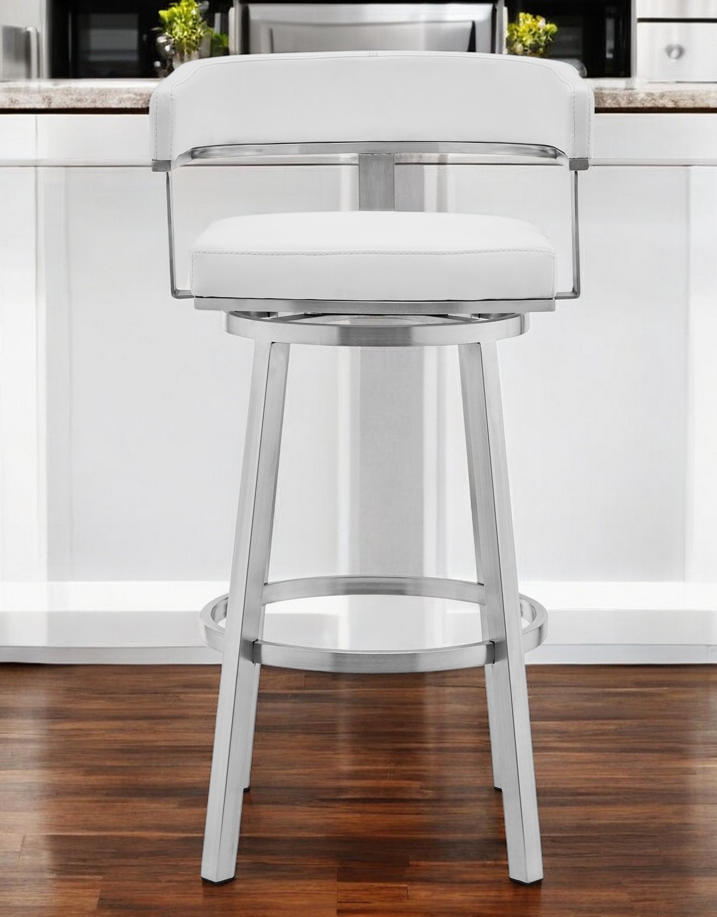 26-Inch White and Silver Swivel Faux Leather Bar Stool 2 26-Inch White and Silver Swivel Faux Leather Bar Stool - Image 2
