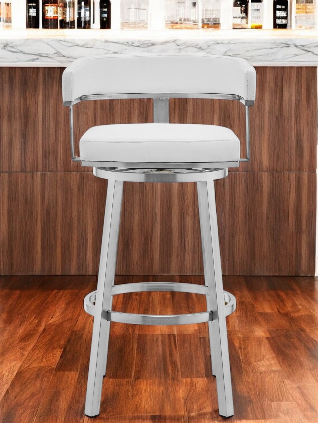 30-Inch White and Silver Swivel Faux Leather Bar Stool 1 30-Inch White and Silver Swivel Faux Leather Bar Stool