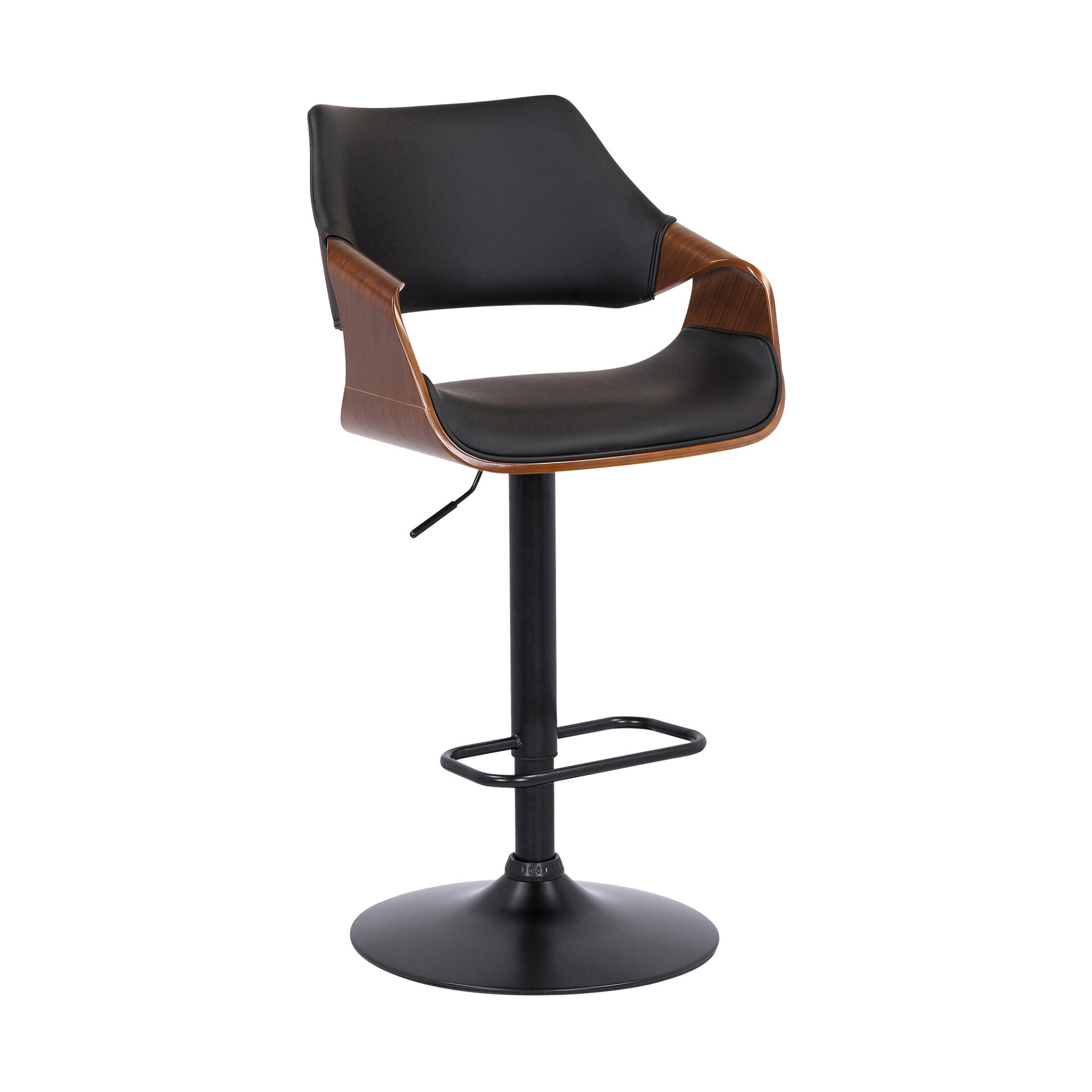 25" Adjustable Height Black Swivel Bar Stool with Walnut Wood 1 25" Adjustable Height Black Swivel Bar Stool with Walnut Wood