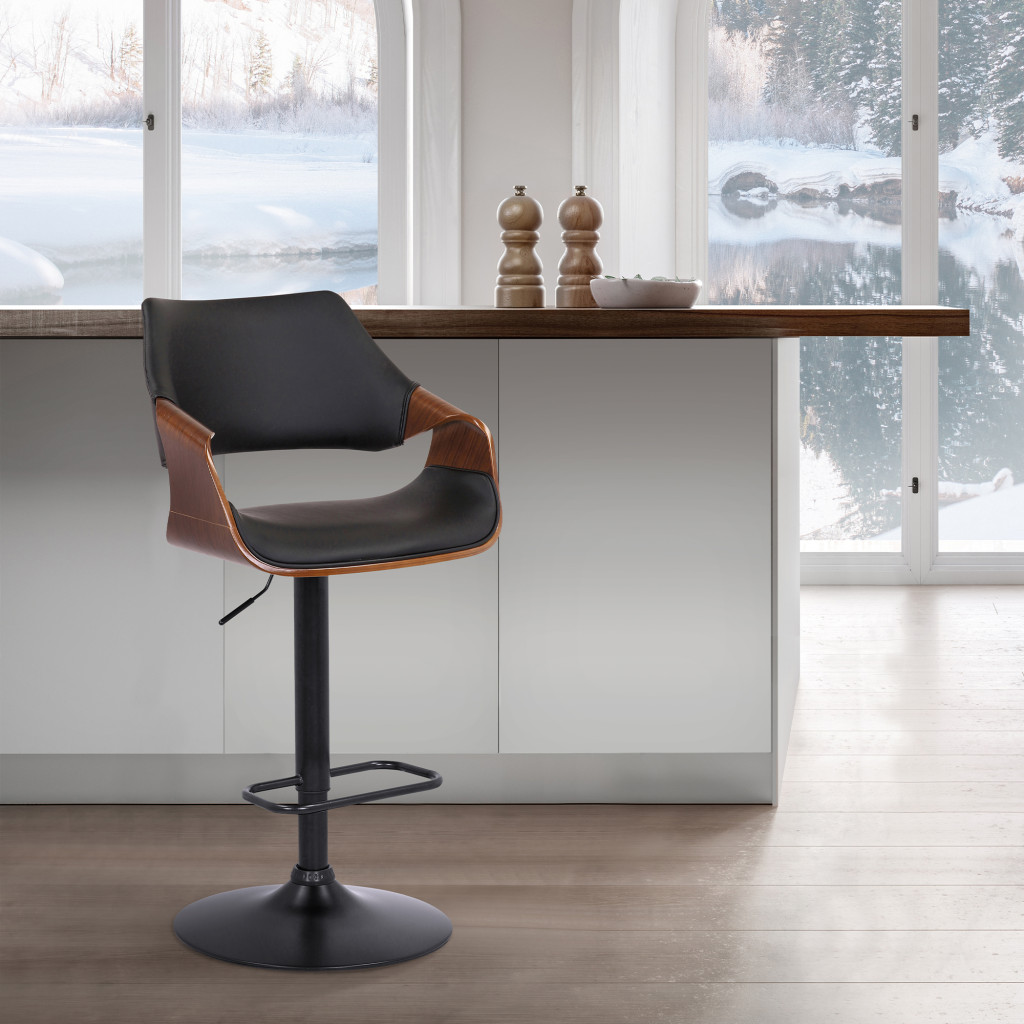 25" Adjustable Height Black Swivel Bar Stool with Walnut Wood 9 25" Adjustable Height Black Swivel Bar Stool with Walnut Wood - Image 9