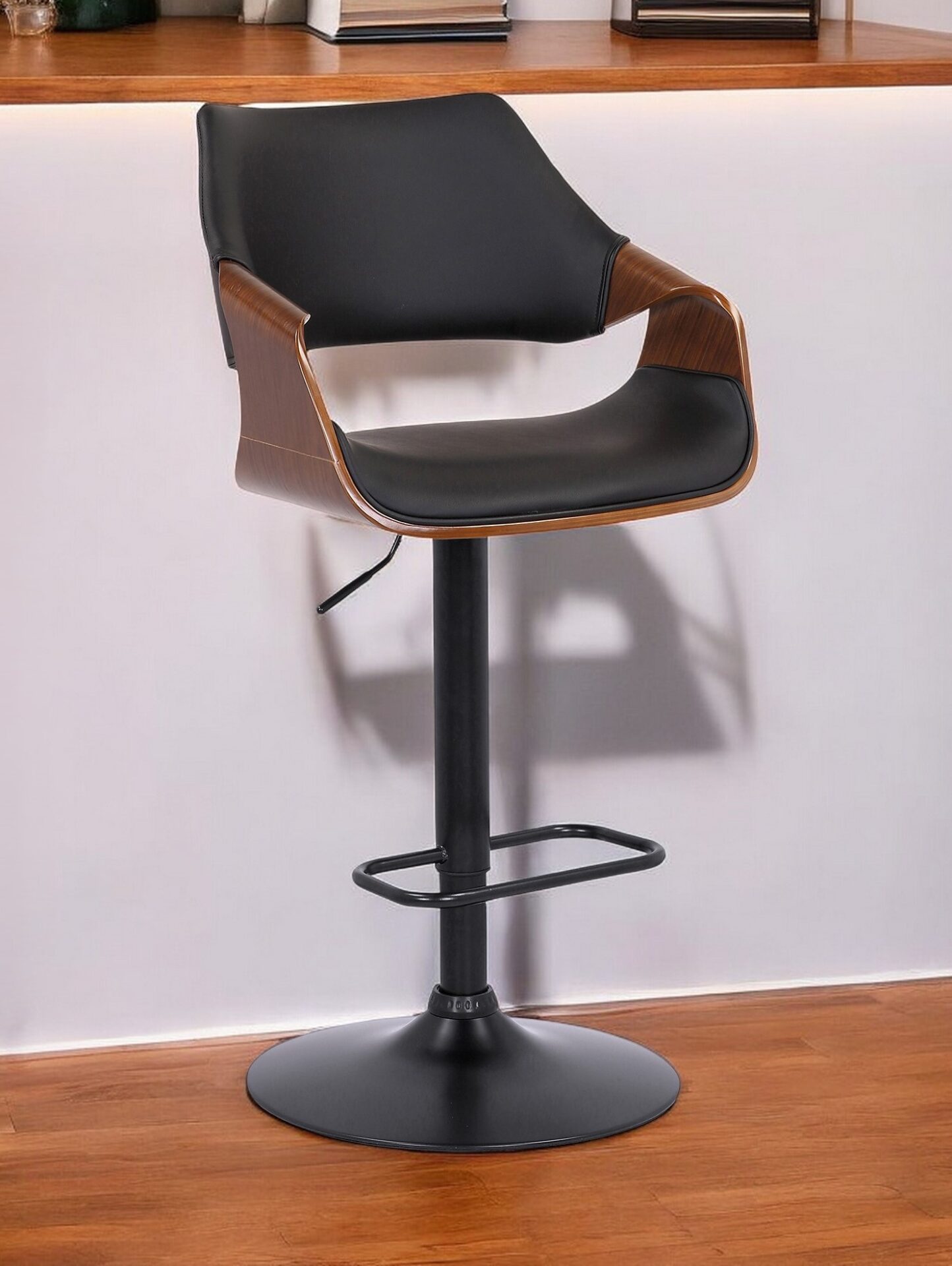 25" Adjustable Height Black Swivel Bar Stool with Walnut Wood 2 25" Adjustable Height Black Swivel Bar Stool with Walnut Wood - Image 2