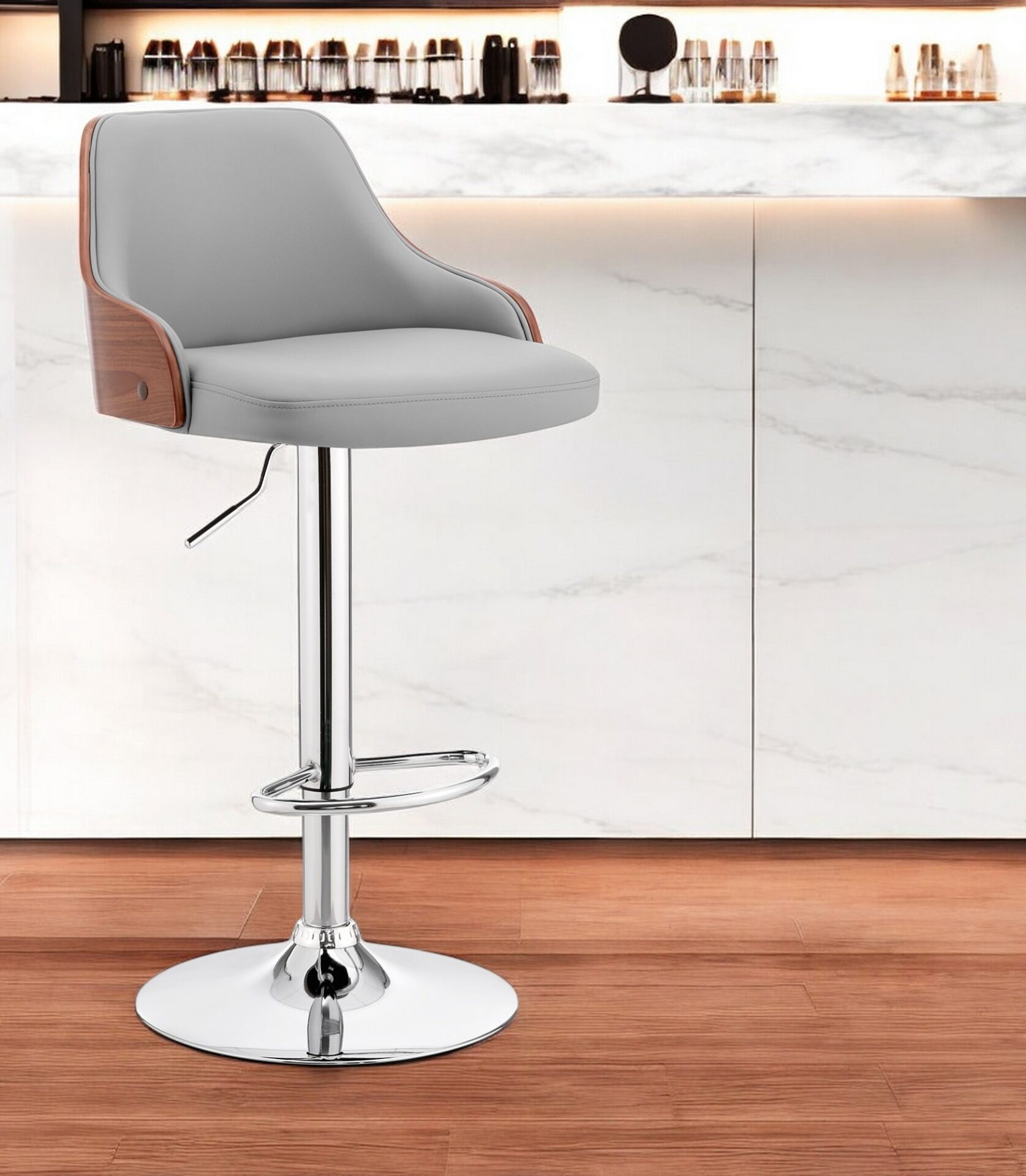 Adjustable Gray Faux Leather Swivel Bar Stool With Silver Base 1 Adjustable Gray Faux Leather Swivel Bar Stool With Silver Base