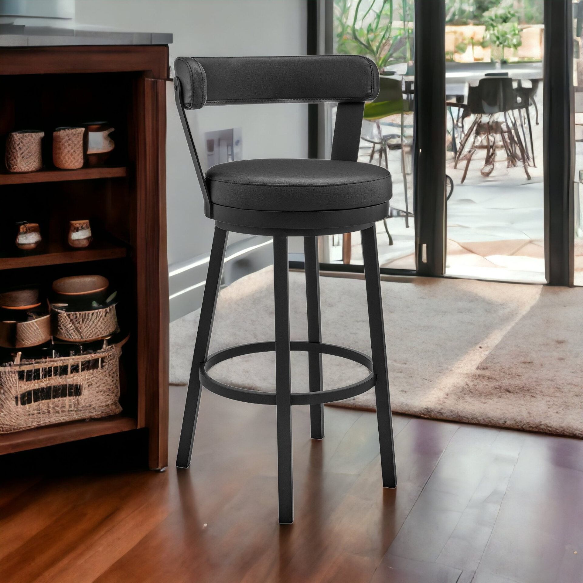 30-Inch Black Faux Leather Swivel Bar Stool With Low Back 1 30-Inch Black Faux Leather Swivel Bar Stool With Low Back