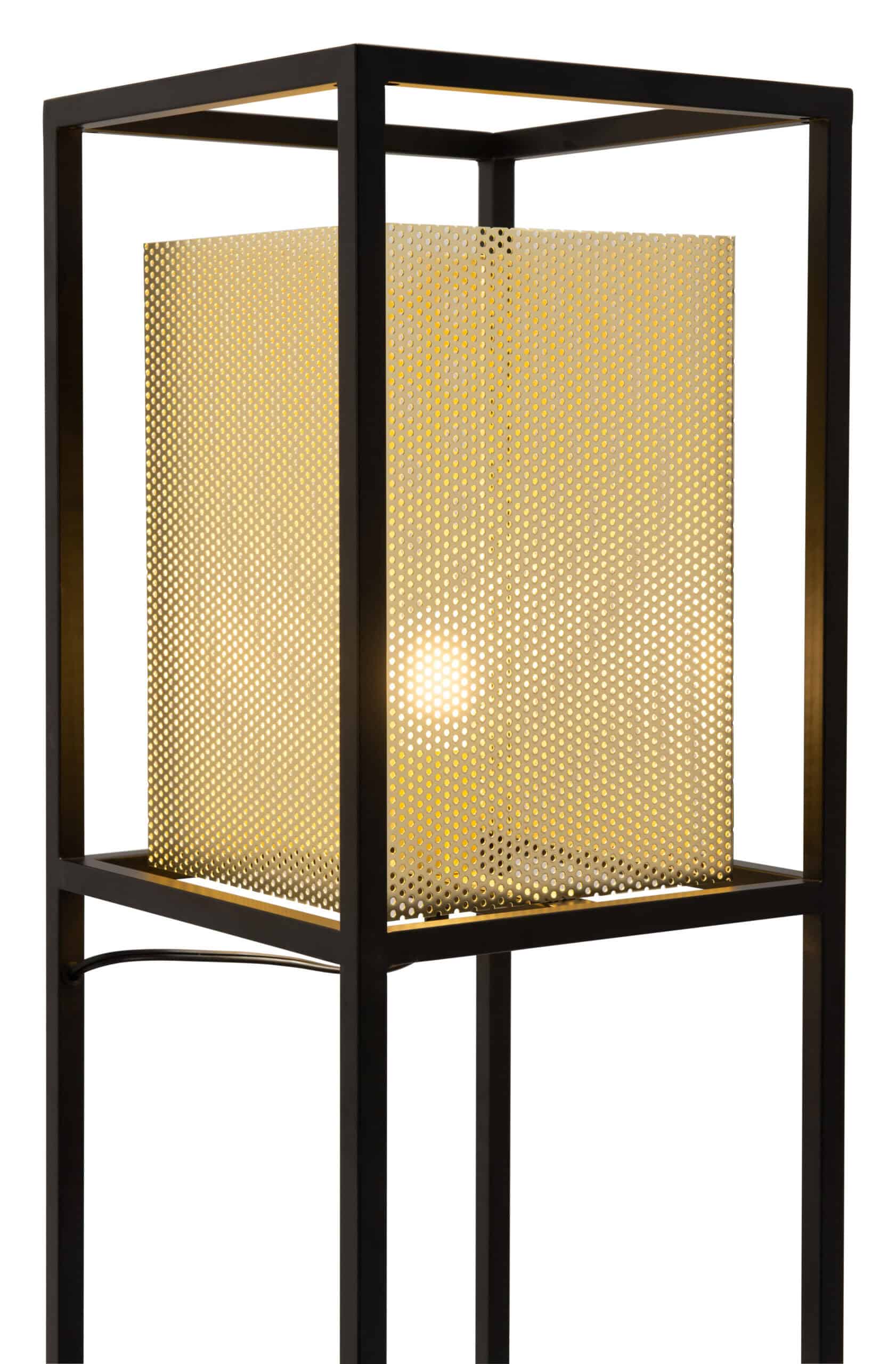 Gold and Black Floor Lamp with Steel Frame and Perforated Shade 14 Gold and Black Floor Lamp with Steel Frame and Perforated Shade