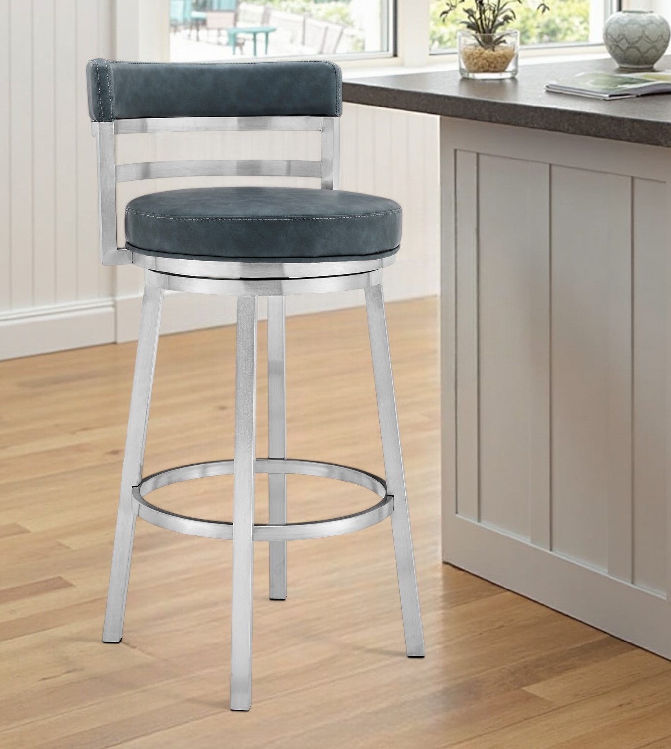 26 Inch Blue and Silver Swivel Counter Height Bar Stool 1 26 Inch Blue and Silver Swivel Counter Height Bar Stool