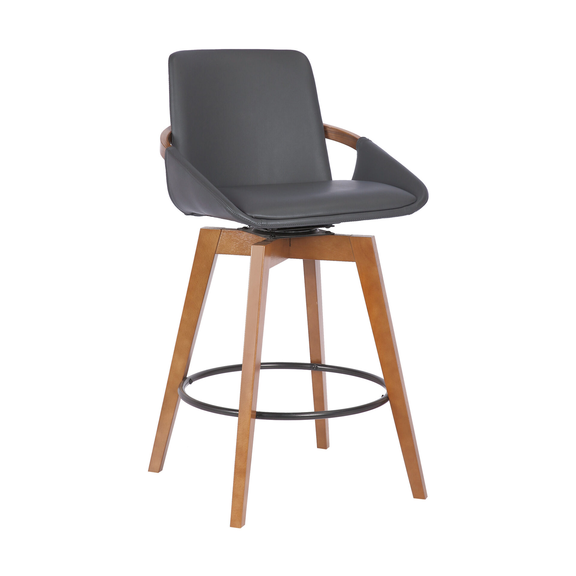 26 Inch Gray Faux Leather and Walnut Wood Swivel Bar Stool 1 26 Inch Gray Faux Leather and Walnut Wood Swivel Bar Stool