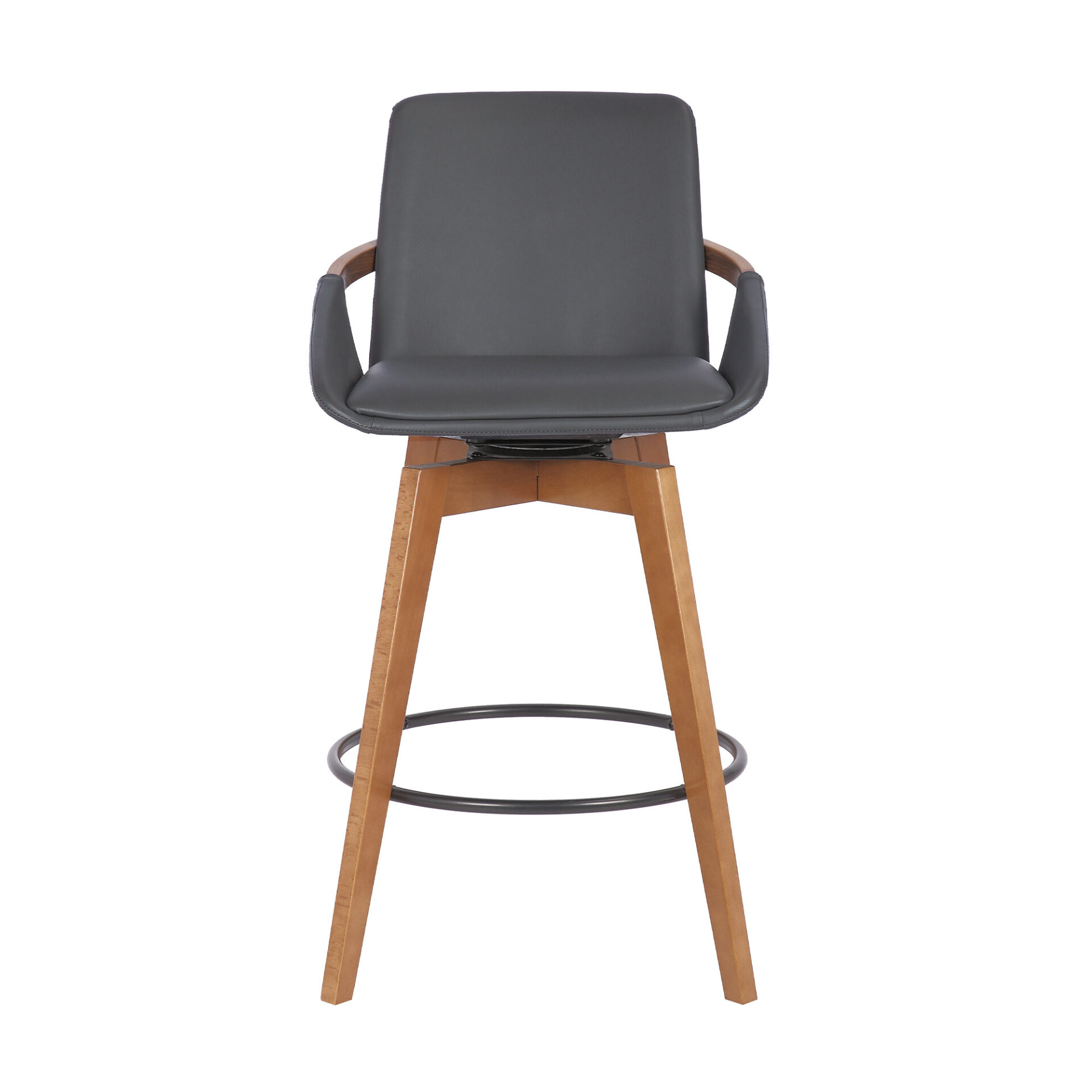 26 Inch Gray Faux Leather and Walnut Wood Swivel Bar Stool 4 26 Inch Gray Faux Leather and Walnut Wood Swivel Bar Stool - Image 4