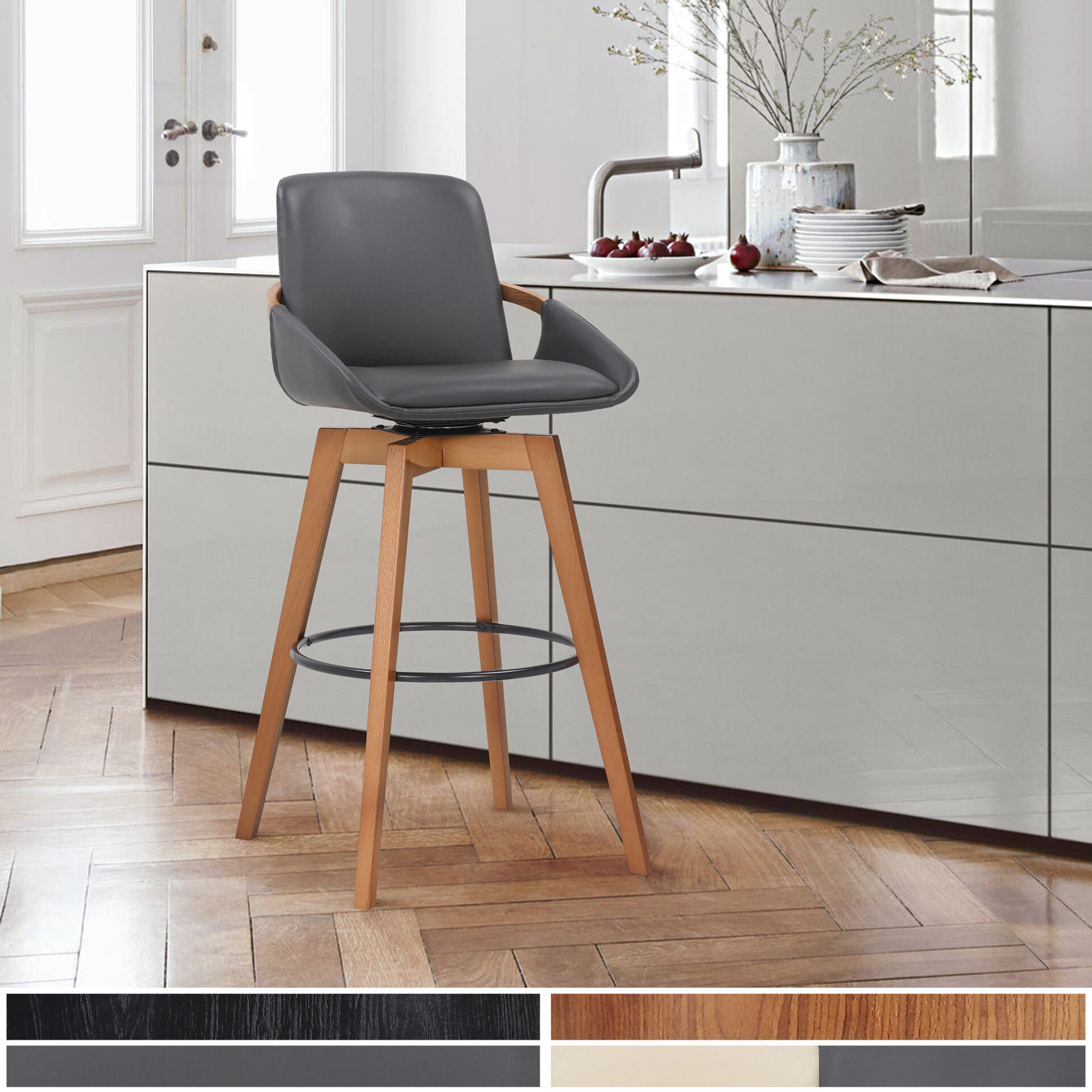 30 Inch Gray Faux Leather and Walnut Wood Swivel Bar Stool 9 30 Inch Gray Faux Leather and Walnut Wood Swivel Bar Stool - Image 9