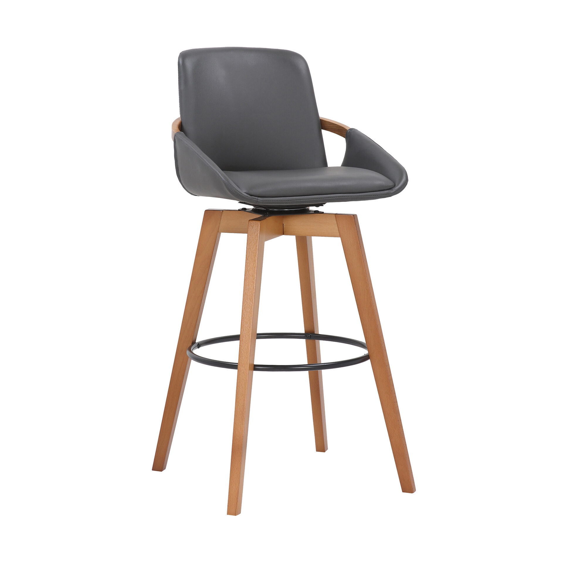 30 Inch Gray Faux Leather and Walnut Wood Swivel Bar Stool 1 30 Inch Gray Faux Leather and Walnut Wood Swivel Bar Stool
