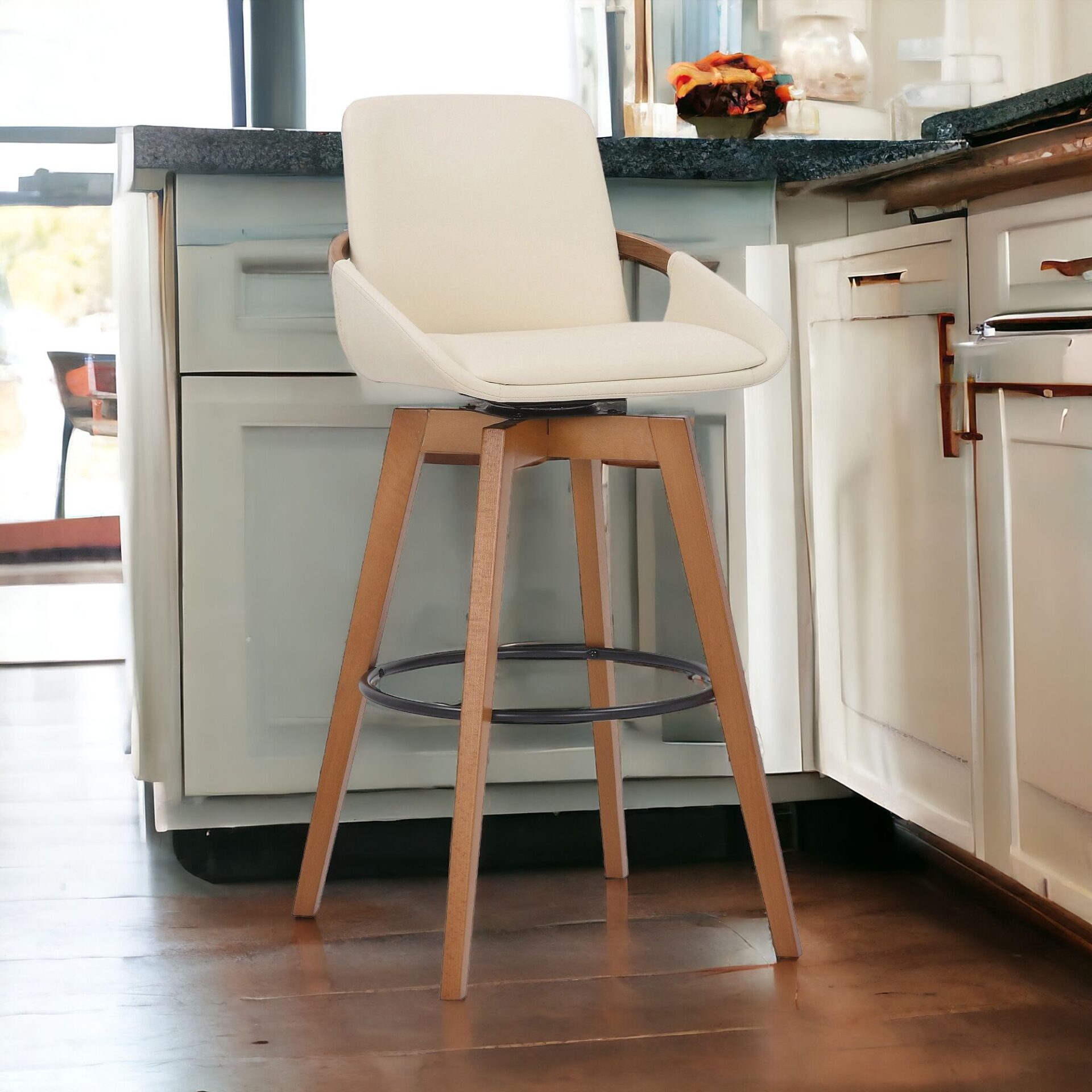 30 Inch Cream Faux Leather Swivel Bar Stool With Footrest 2 30 Inch Cream Faux Leather Swivel Bar Stool With Footrest - Image 2