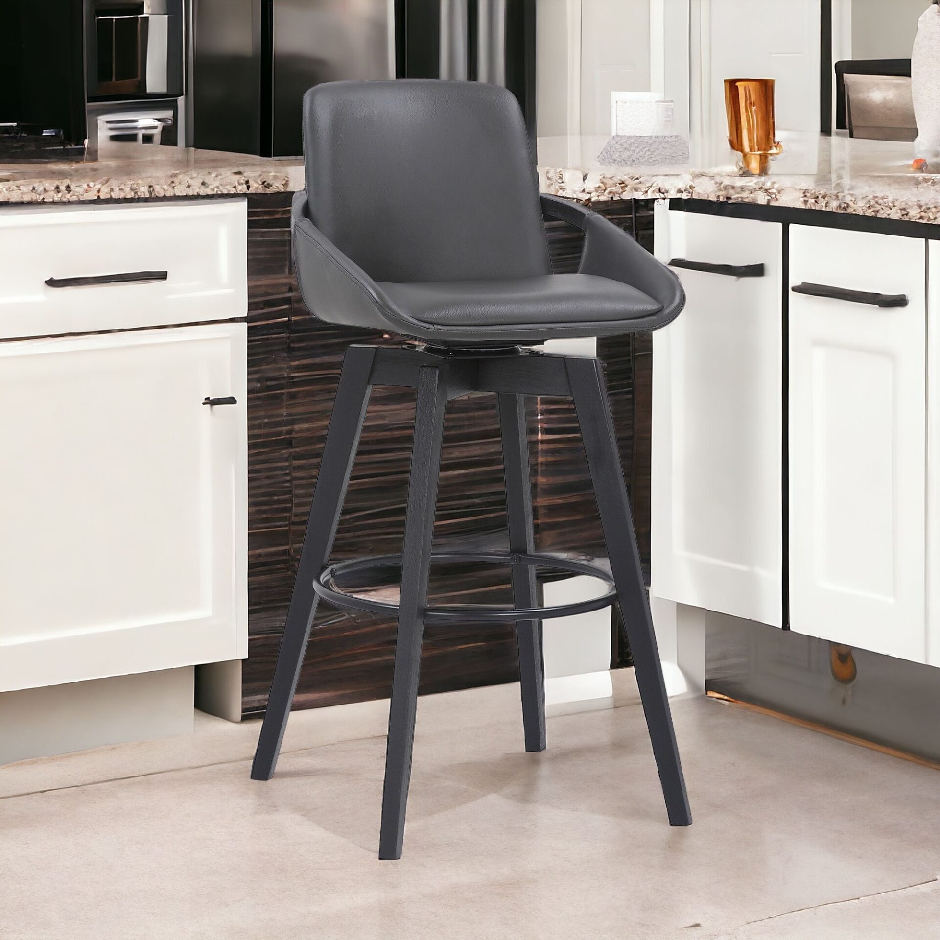 30 Inch Gray Faux Leather Swivel Bar Stool With Wood Frame 2 30 Inch Gray Faux Leather Swivel Bar Stool With Wood Frame - Image 2
