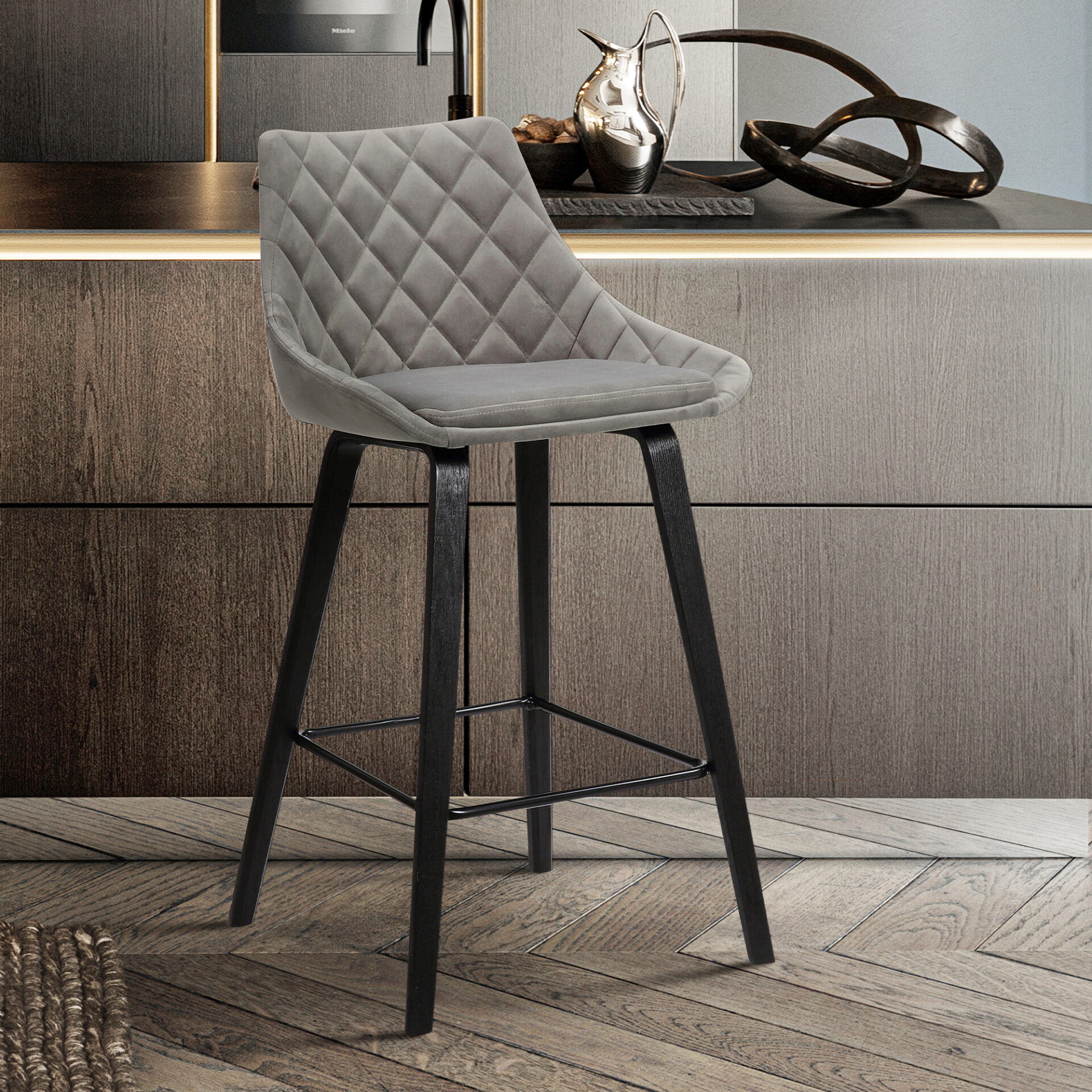 26" Gray Tufted Velvet Upholstered Counter Height Bar Stool 8 26" Gray Tufted Velvet Upholstered Counter Height Bar Stool - Image 8