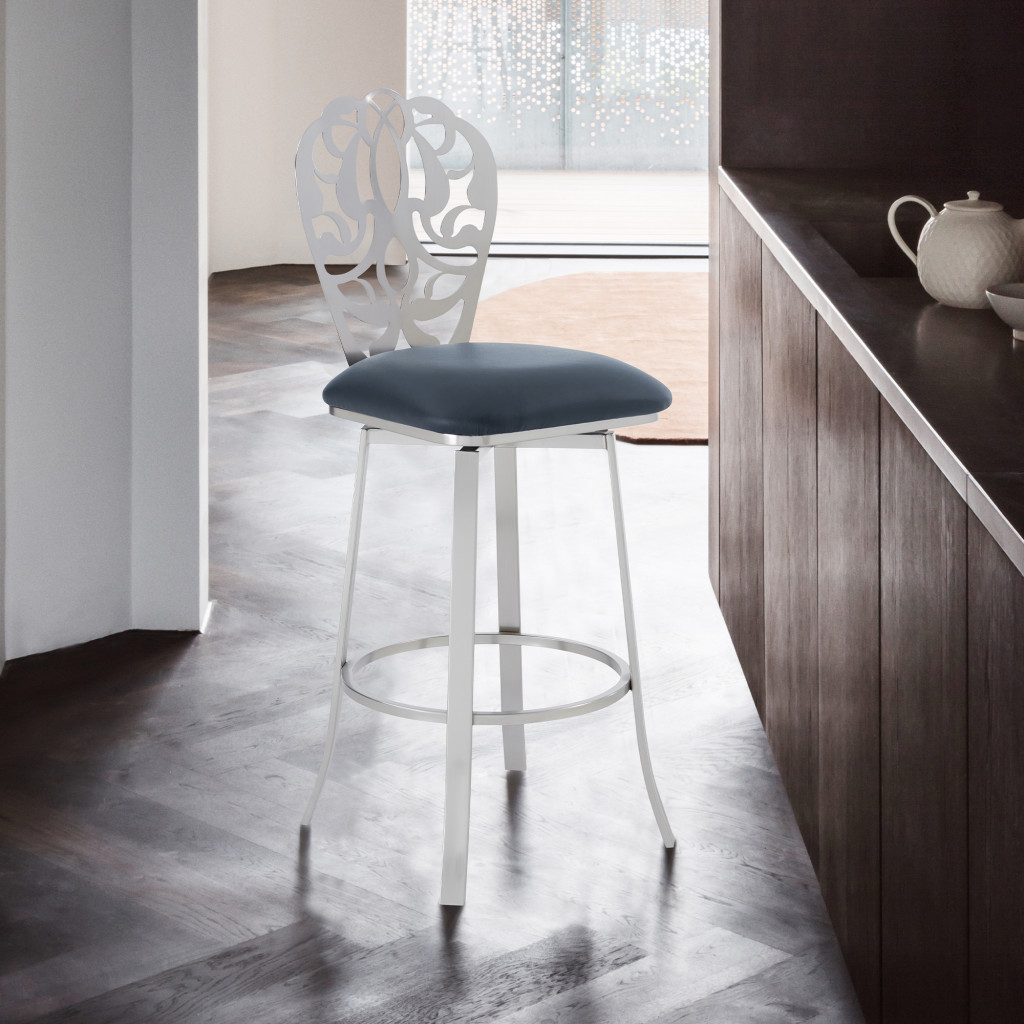 30 Inch Gray Faux Leather Swivel Bar Stool with Backrest 9 30 Inch Gray Faux Leather Swivel Bar Stool with Backrest - Image 9