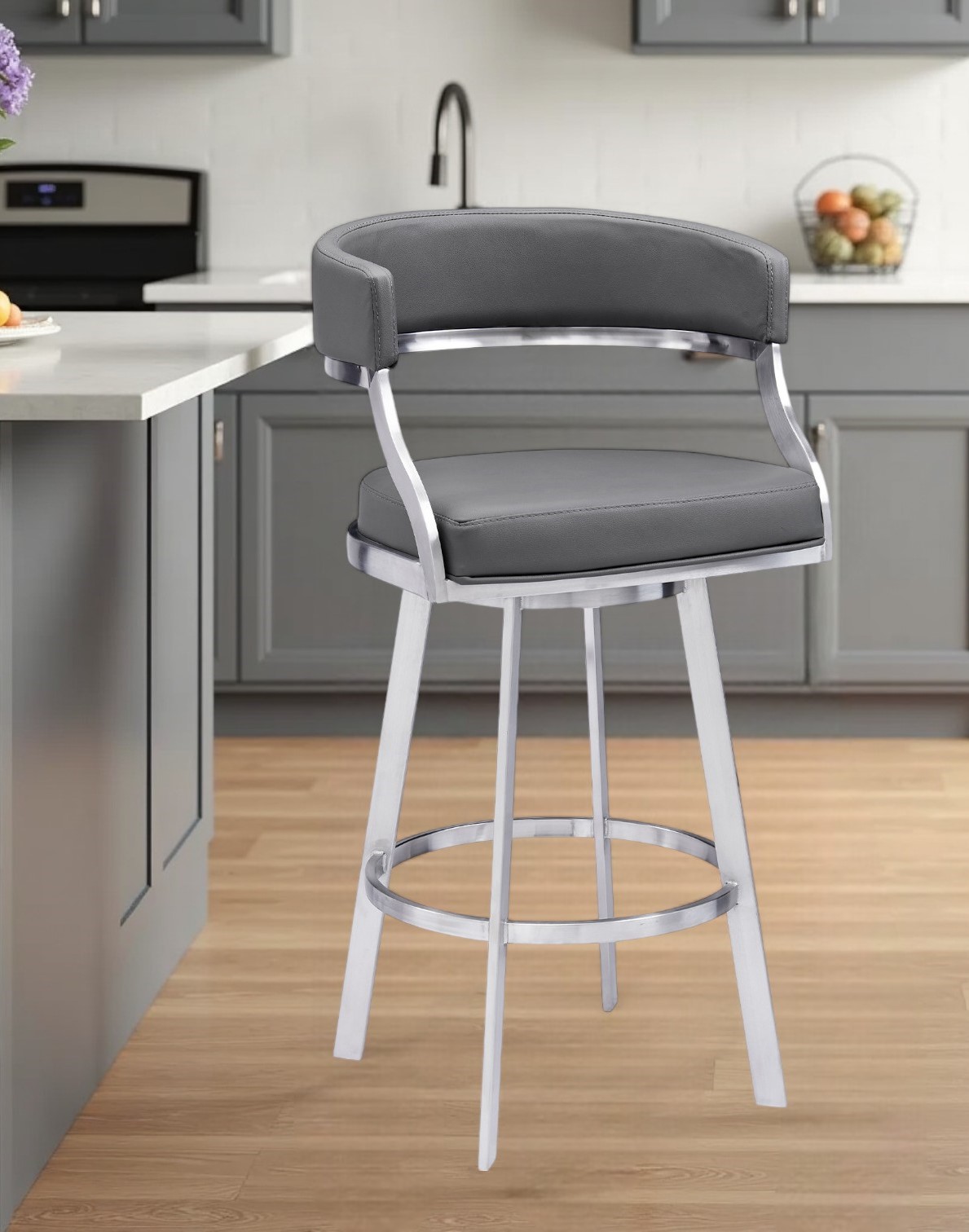 42 Inch Gray Faux Leather Swivel Bar Stool With Arms 1 42 Inch Gray Faux Leather Swivel Bar Stool With Arms