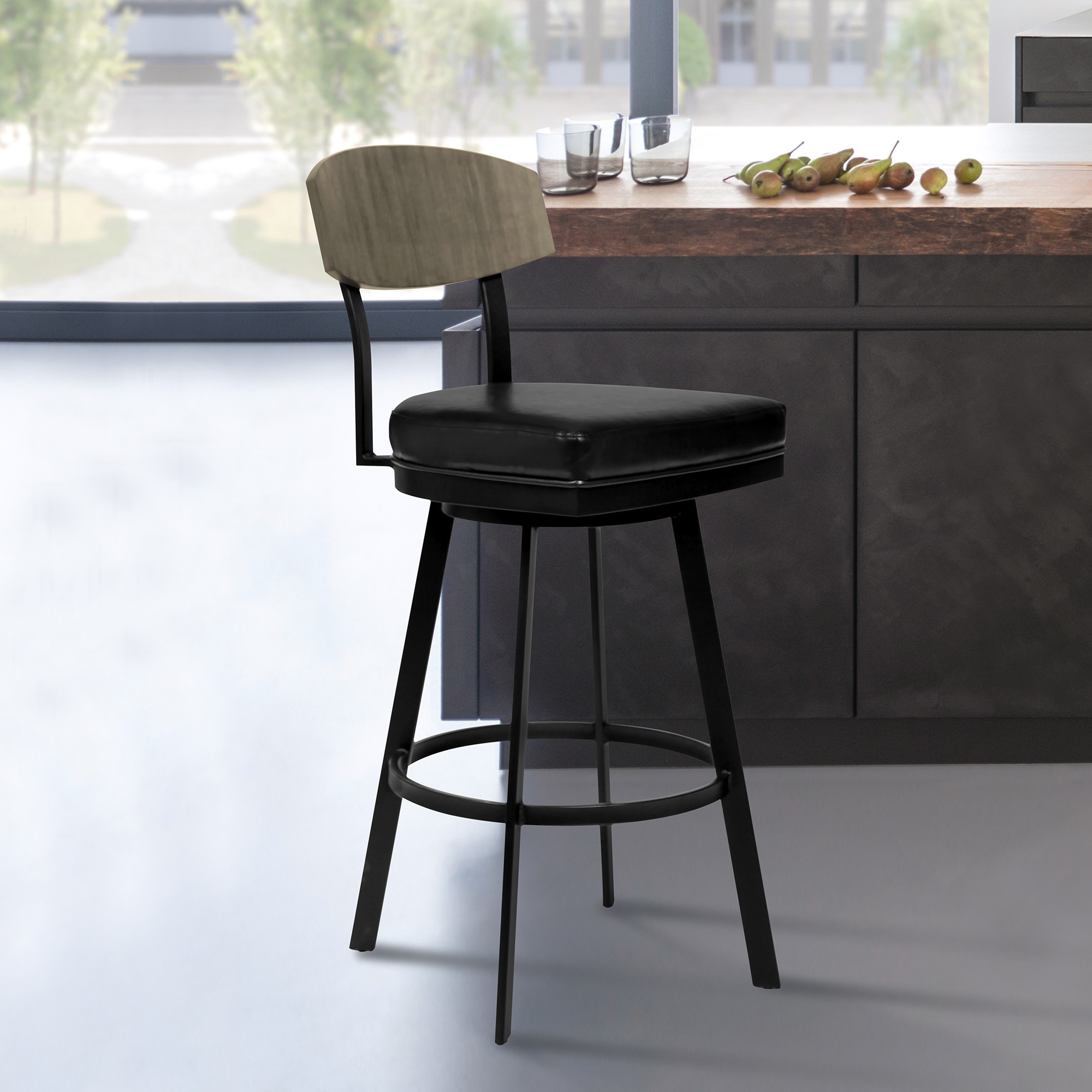 26" Black Faux Leather Swivel Bar Stool With Walnut Back 9 26" Black Faux Leather Swivel Bar Stool With Walnut Back - Image 9
